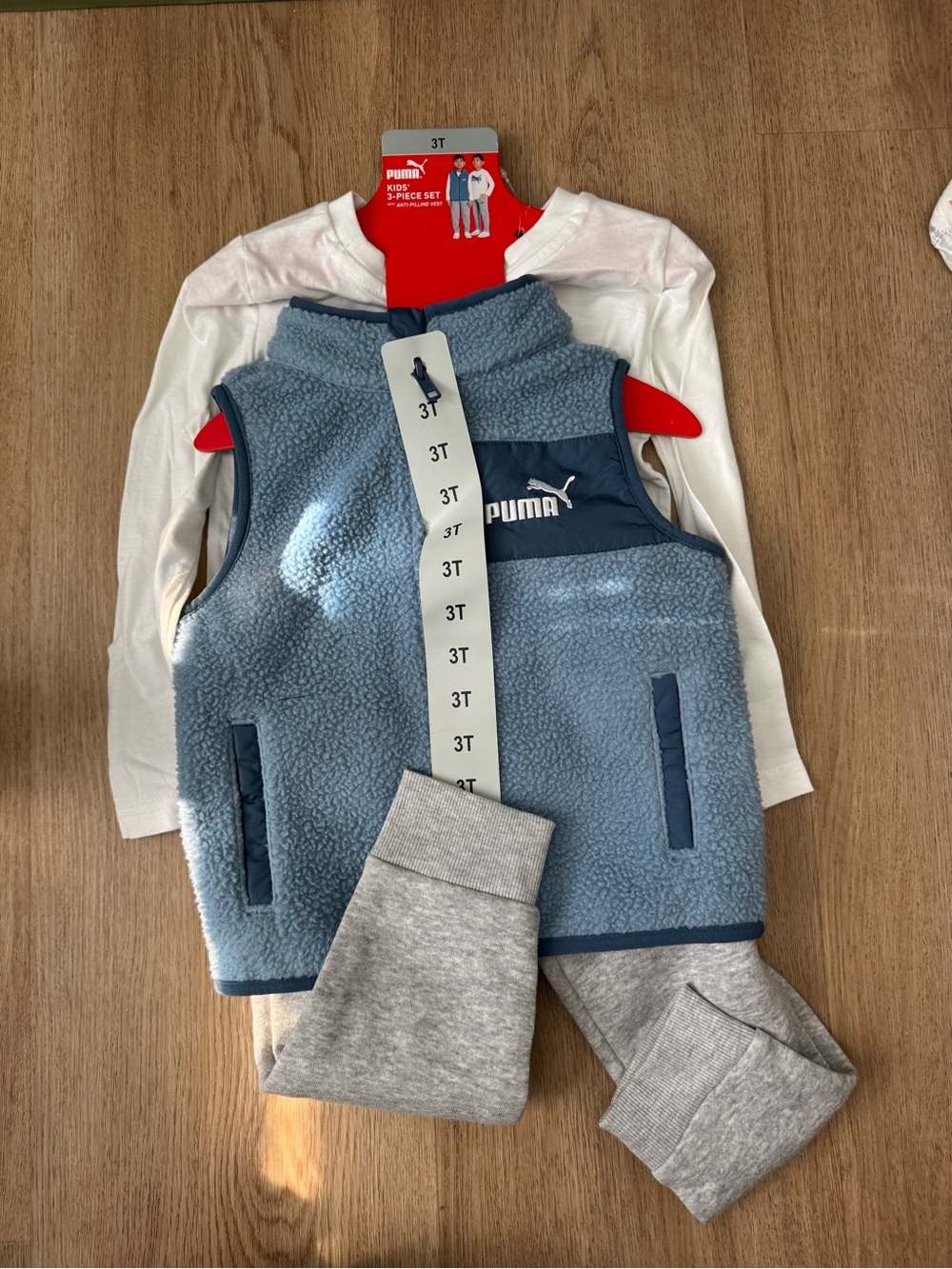 Puma Light Blue Sherpa Vest with White Top and Gray Joggers - 3T